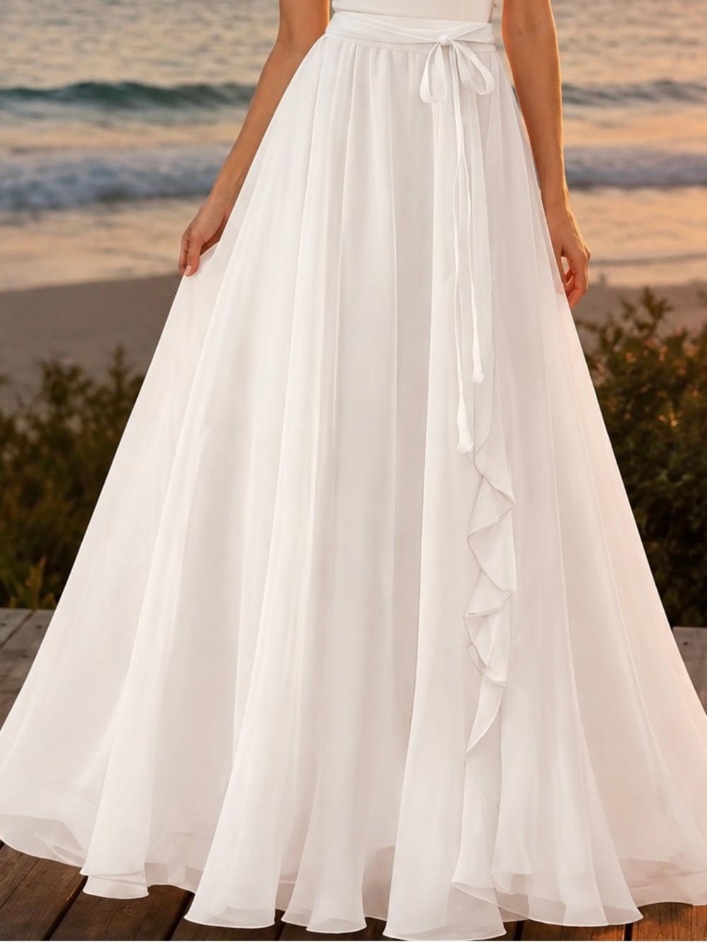 Elegant White Chiffon A-Line Maxi Dress with Waist Tie